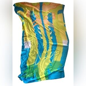 Large Artsy SILK FEEL Turquoise & Yellow Art To Wear Rectangular Scarf 70X42”